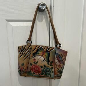 Anuschka Hand Painted Leather Tote Bag Purse Butterfly Flowers Colorful